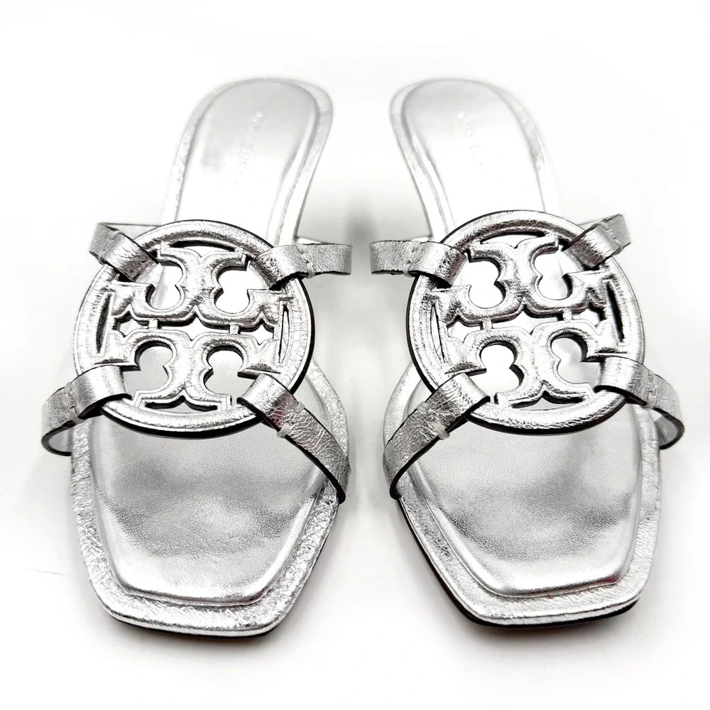 Tory‎ Burch Geo Bombe Miller Sandals Metallic Silver Thong Low Heel Sz 6